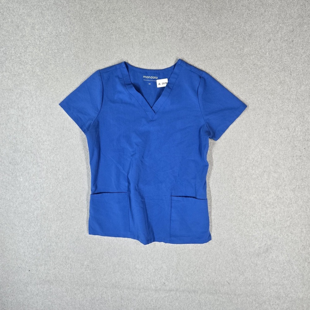 Mandala Women Scrub Top XS Blue Short Sleeve Stretch Pockets V-Neck Spandex